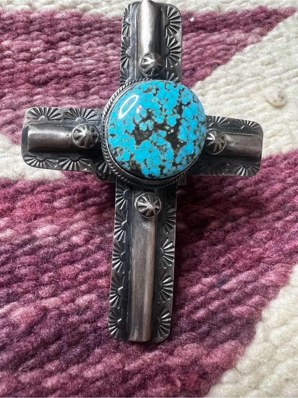 Sandra Nez Navajo Kingman Turquoise Sterling Silver Cross Ring Size 10 - Picture 10 of 15